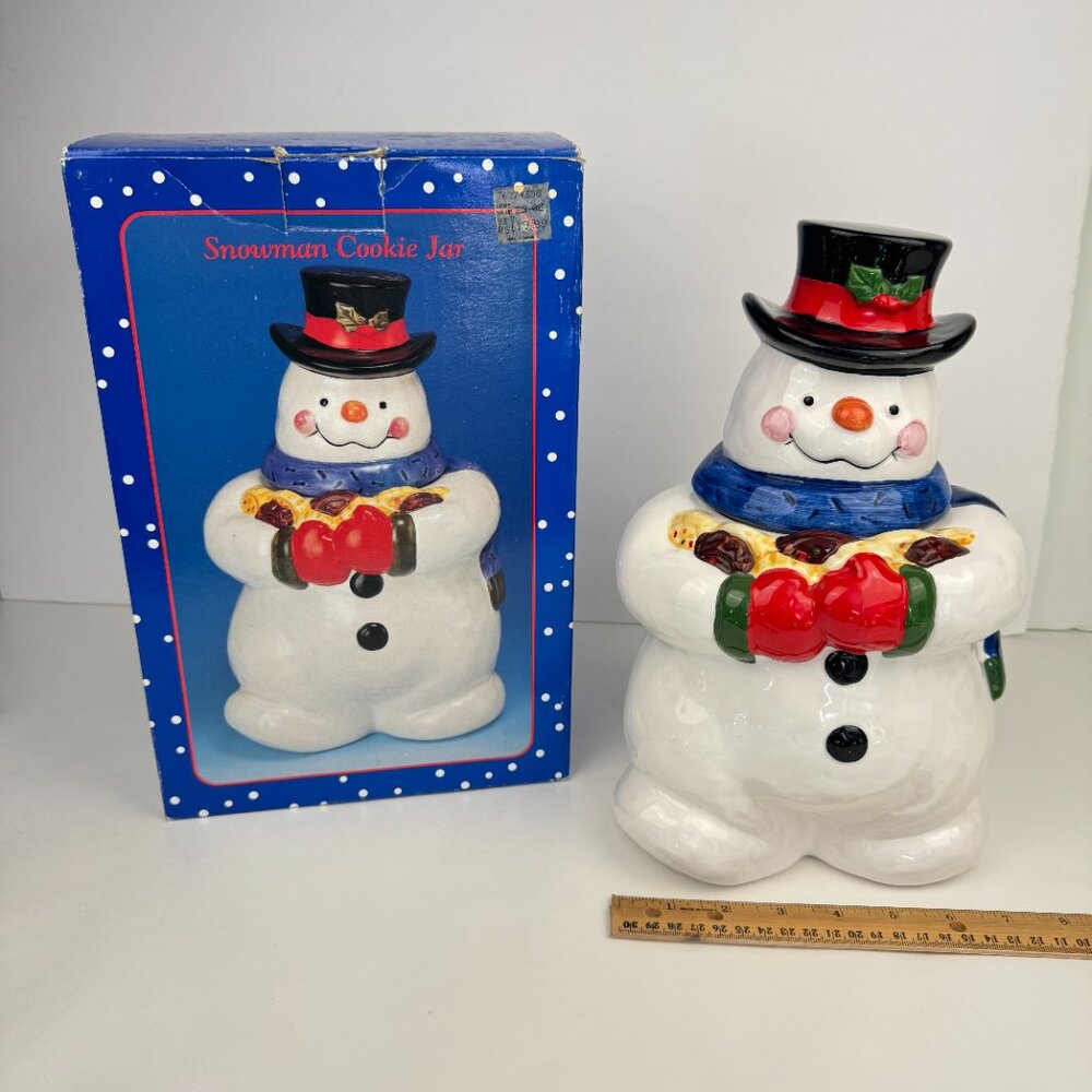 Vtg 90s Snowman Holding‎ Cookies Cookie Jar w Lid Storage Orig Box Crazing READ